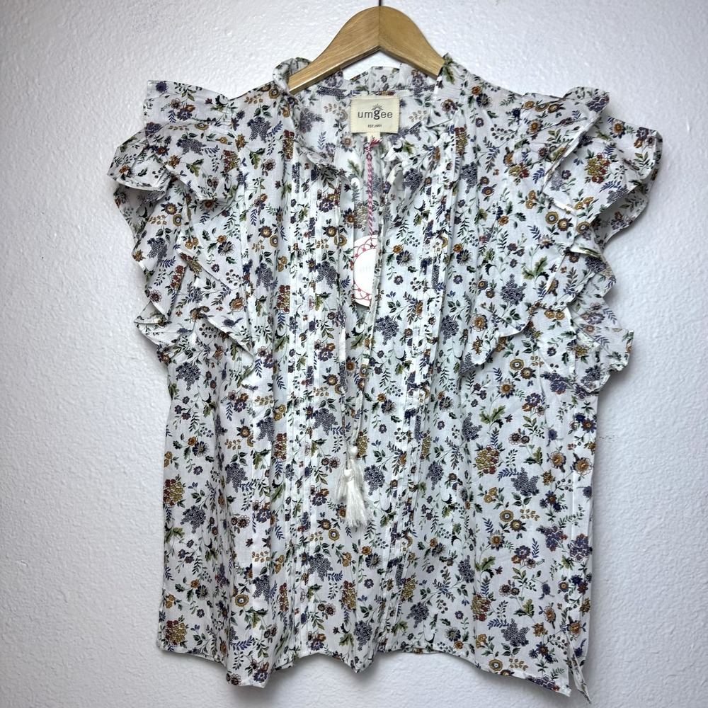 New Umgee Double Ruffle Flutter Sleeve Top Women's Large Floral Cotton Blouse